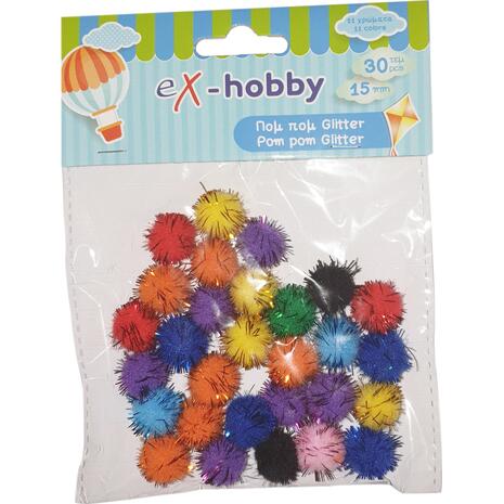 Σφουγγαράκια Pom-Pom EX-HOBBY Glitter 15mm (Συσκευασία 30 τεμαχίων)